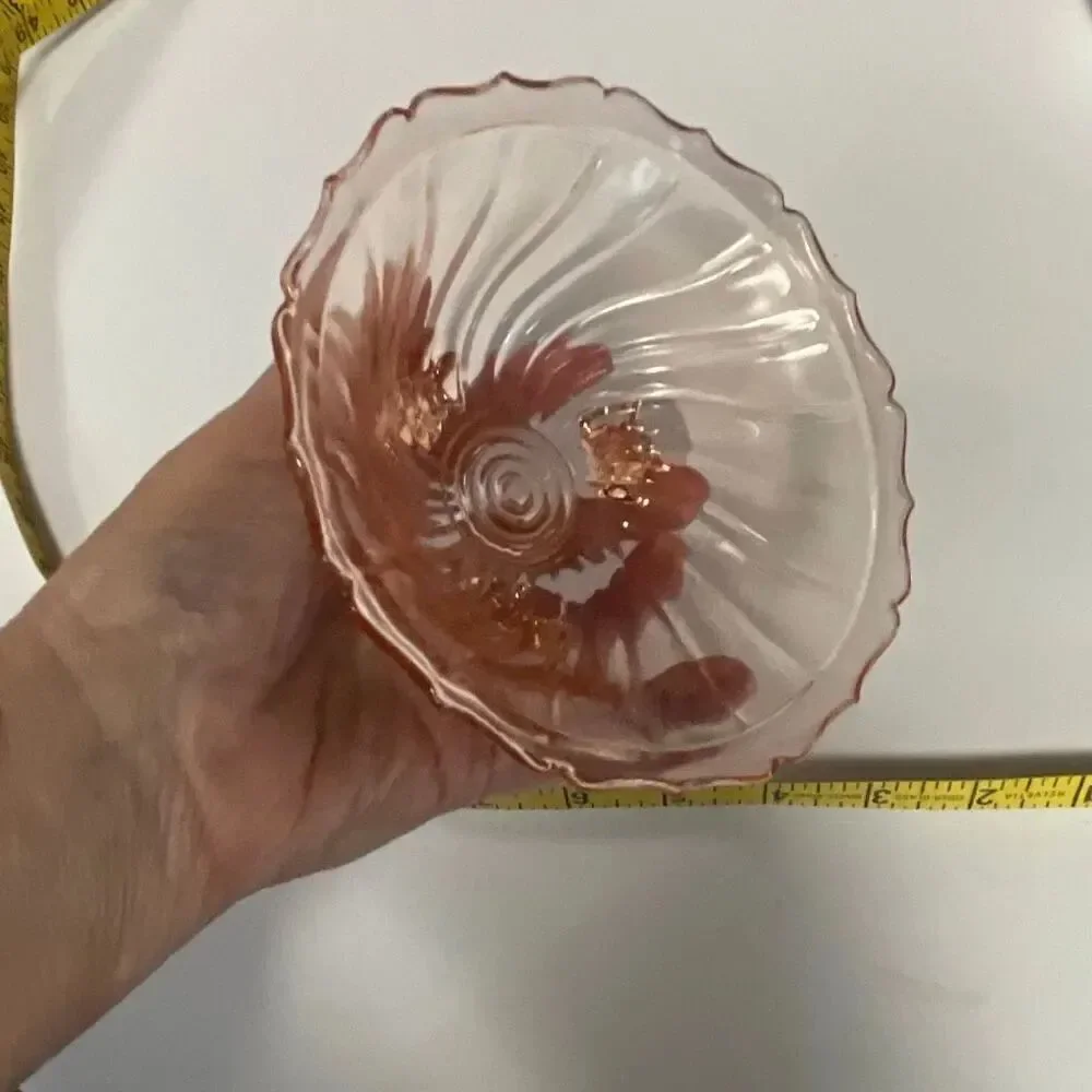 Vintage Jeannette Glass Co. pink footed 1937 depression glass swirl bowl.
